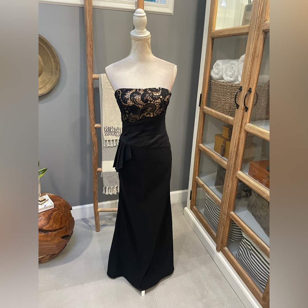 Jessica McClintock Black and Gold Strapless Dress